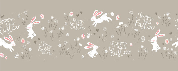 Cute hand drawn Easter horizontal seamless pattern with bunnies, Easter eggs and flowers. Great for Easter Cards, banner, wallpaper, textiles, wrapping- vector design