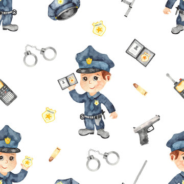 Watercolor seamless pattern with boy a police officer and police equipment