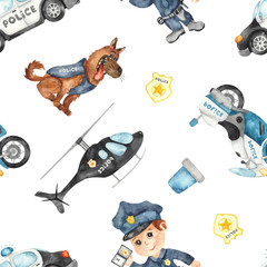 Watercolor seamless pattern with police vehicles, police officer and dog © MarinaErmakova