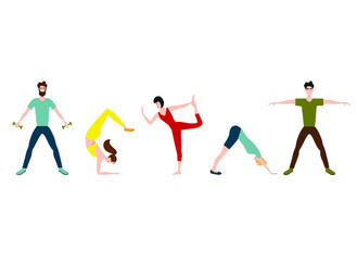 set with sports people. Flat vector illustration of boys and girls training in sports uniforms and with sports equipment on a white background.