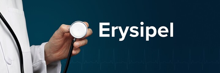 Erysipel. Arzt im Kittel hält Stethoskop. Das Wort Erysipel steht daneben. Symbol für Medizin,...