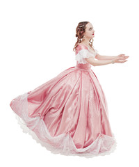 Young beautiful woman in long pink medieval dress reach out hands isolated