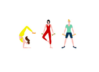 girls play sports. Flat vector illustration of women training in sports uniform and with sports equipment 