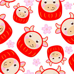 Christmas background with Daruma for good luck and sakura blossoms. Red sackcloth in the form of a bull. Seamless pattern on a white background.
