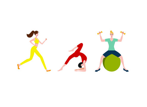girls play sports. Flat vector illustration of women training in sports uniform and with sports equipment 