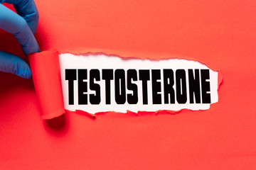 Cropped view of doctor tearing red paper with testosterone lettering on white surface