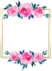 golden square frame with pink roses, floral design, wedding monogram, watercolor illustrations, geometric Golden frame