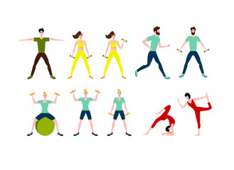 set with sports people. Flat vector illustration of boys and girls training in sports uniforms and with sports equipment on a white background.