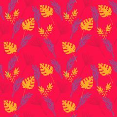 Hipster Tropical Vector Seamless Pattern. Doodle Floral Background. Feather Monstera Banana Leaves Dandelion 