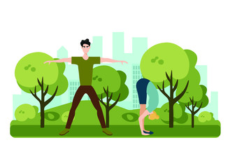 couple playing sports in park, flat vector illustration of man and woman doing exercises