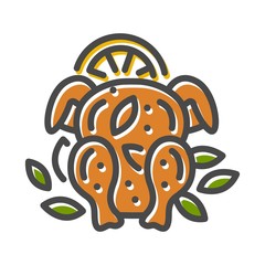 Cooked poultry thin line icon isolated on white. Roasted, fried, baked, grilled goose, duck, chicken, turkey outline pictogram, logotype. Homemade festive food vector element for infographic, web.