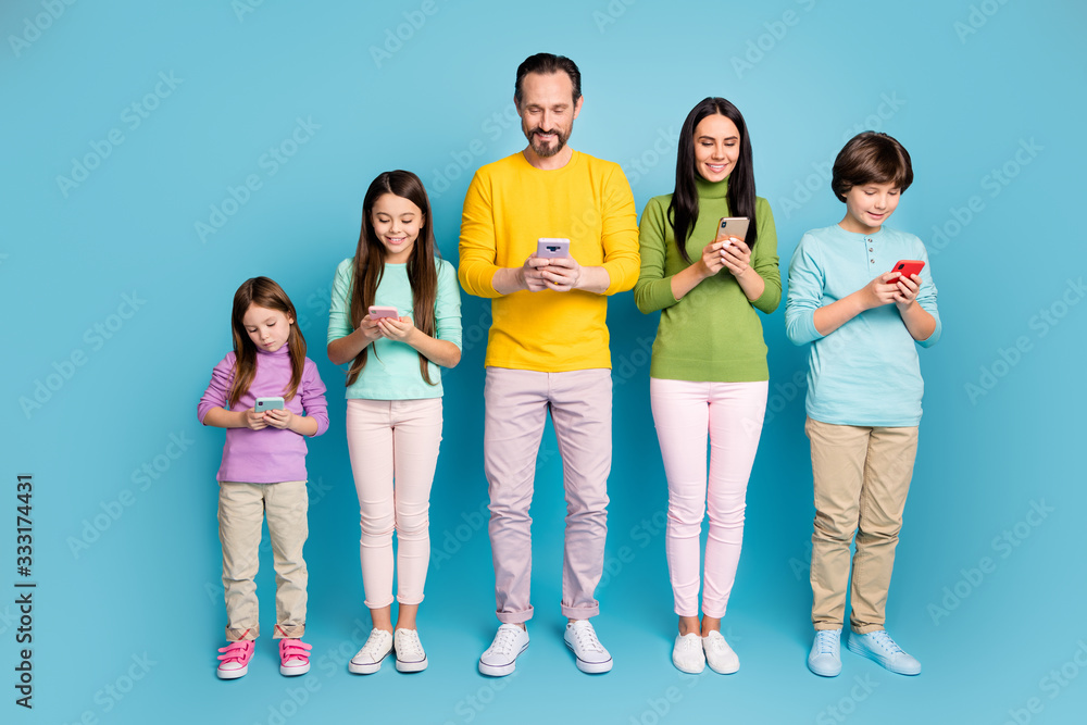 Sticker full length body size view of nice attractive addicted focused cheerful cheery big full family using