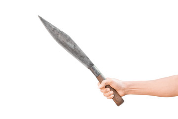 hand holding the big knife isolated on white background with clipping path.