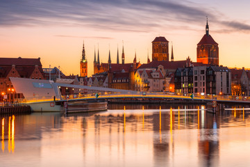 Gdansk with beautiful old town over Motlawa river at sunset, Poland.