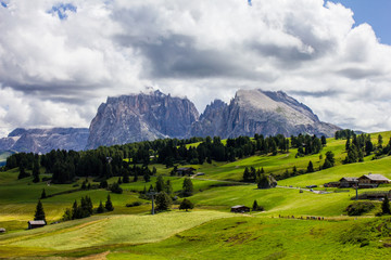 Fototapeta na wymiar View of Seiser Alm (Alpe di Siusi) with Langkofel Mountains (Gruppo del Sassolungo) in the Background