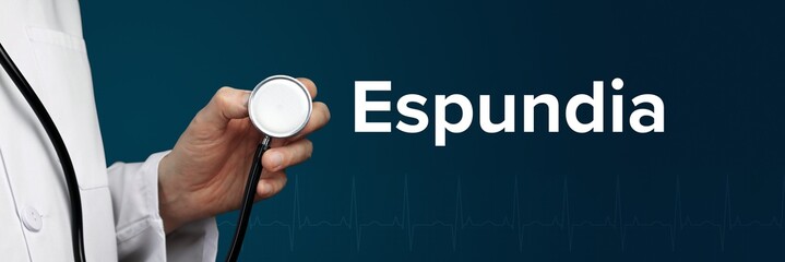 Espundia. Arzt im Kittel hält Stethoskop. Das Wort Espundia steht daneben. Symbol für Medizin,...