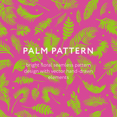 Fototapeta na wymiar Date palm illustration. Luxury vintage seamless pattern with palm leaf. Fabric tropical background with floral handmade effect for web banner, print, template banner. Exotic decor for invitation card.