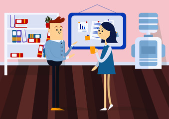 Businessman sitting on office chair at a computer desk. He is looking at the computer monitor. Front view. Color vector cartoon illustration