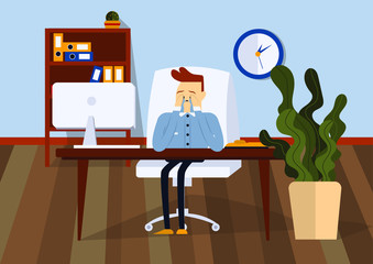 Upset businessman sitting on office chair at a computer desk. He is he cries and wipes his tears with his hands. Front view. Color vector cartoon illustration