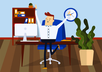 Joyful businessman jumping in office room. Front view. Color vector cartoon illustration