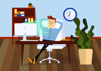 Relaxing businessman sitting on office chair at a computer desk. Front view. Color vector cartoon illustration