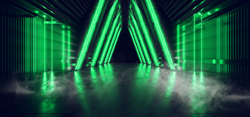 Sci Fi Futuristic Triangle Smoke Background Concrete Cement Pantone Green Electric Neon Led Laser Glowing Lights Dark Night Studio Showcase Hallway Warehouse Stage Podium Cyber 3D Rendering