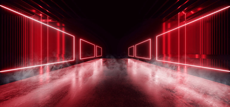 Sci Fi Futuristic Rectangle Smoke Background Concrete Cement Red Electric Neon Led Laser Glowing Lights Dark Night Studio Showcase Hallway Warehouse Stage Podium Cyber 3D Rendering