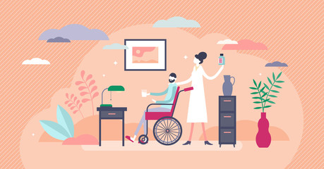 Fototapeta na wymiar Nursing home vector illustration. Elderly support home tiny persons concept