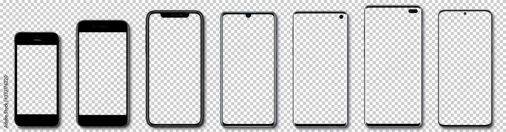 Wall mural realistic models smartphone with transparent screens with shadow on transparent background. popular 