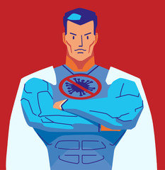 Athletic man in white coat with stop virus emblem