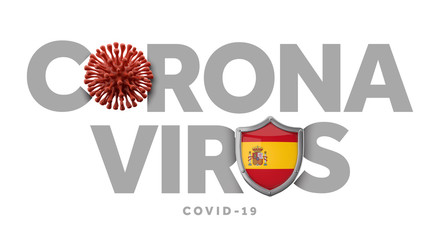 Spain coronavirus concept with microbe and shield. 3D Render