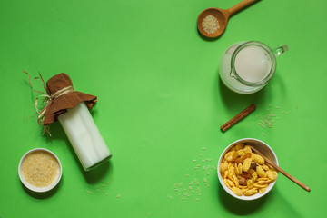 flatlay on a bright green background with a bottle of rice milk, corn flakes and a jug with space