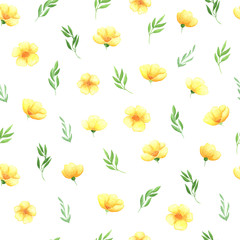 illustration watercolor seamless pattern of of yellow flowers and green leaves on a white background. spring summer mood. for cards, design, fabric, paper.