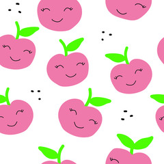 Seamless pattern with cartoon smile of apples. Fruit colorful design for children or kitchen textiles, fabric, paper. Cute Doodle. Vector illustration on a white background