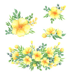 illustration watercolor a set of yellow flowers and green leaves of twigs, floral arrangements isolated on a white background. spring mood. for design, invitations, wedding, decoration