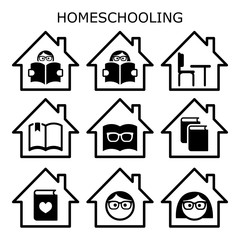 Homeschooling vector icons set, home education design, children learning while stay stay at home concept