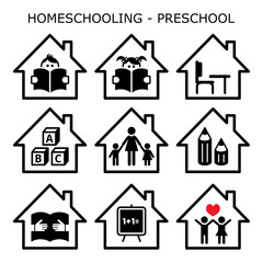 Homeschooling - preschool vector icons set, home early education design for young kids, kindergarten children learning while stay stay at home concept