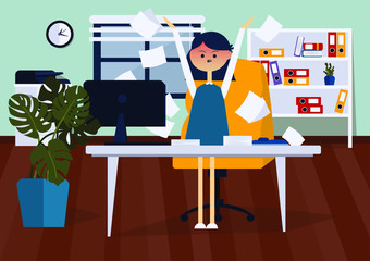 Angry businesswoman standing in office and throws paper documents. Front view. Color vector flat illustration