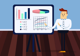 Man presenting on flipchart in office. Front view. Colorful cartoon vector illustration