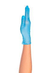 female hand in sterile gloves isolated on white background showing .hand gestures- Image