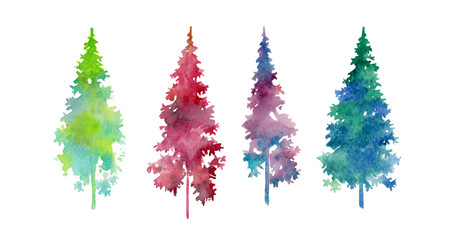 Silhouettes of fir trees on a white background. Merry Christmas. A set of elements for design and greeting cards. Beautiful watercolors.