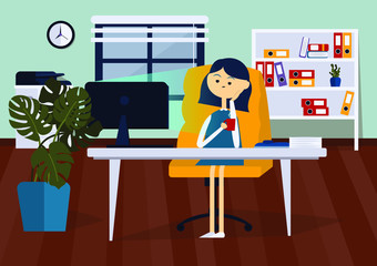 Businesswoman sitting on office chair at a computer desk. She is looking at the computer monitor and holding coffee cup. Front view. Color vector cartoon illustration
