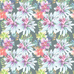 Fototapeta premium Exotic plants with monstera leaves, seamless pattern.