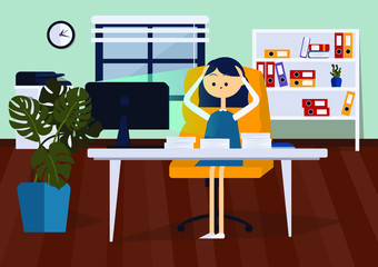 Businesswoman is upset sitting on office chair at a computer desk. She is looking at the computer monitor and holding head. Front view. Color vector cartoon illustration