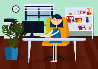 Businesswoman sitting on office chair at a computer desk. She is looking at the computer monitor and typing on the keyboard. Front view. Color vector cartoon illustration
