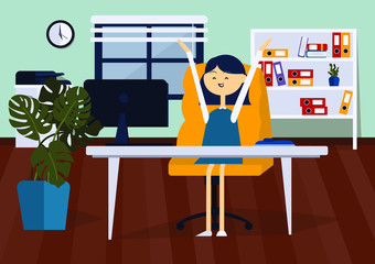 Joyful businesswoman sitting on office chair at a computer desk. She is raised her hands. The end of the working day. Front view. Color vector cartoon illustration