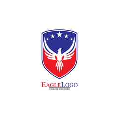 Eagle logo template design with a shield and stars. Vector illustration.