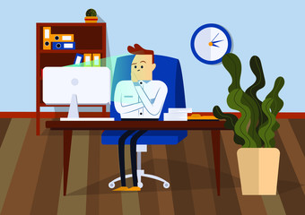 Businessman is upset sitting on chair in office. He is looking at the computer monitor. Front view. Color vector flat illustration