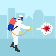 A man in hazmat suit spraying and disinfecting covid19 Coronavirus cells epidemic outbreak. Virus disinfection prevention concept vector illustration. Cleaning virus, bacteria and germs in city.