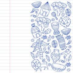 Vector african tribal pattern for banner and posters. Icons of animals and traditional elements for children fabric, clothes, textile. Travel and adventure